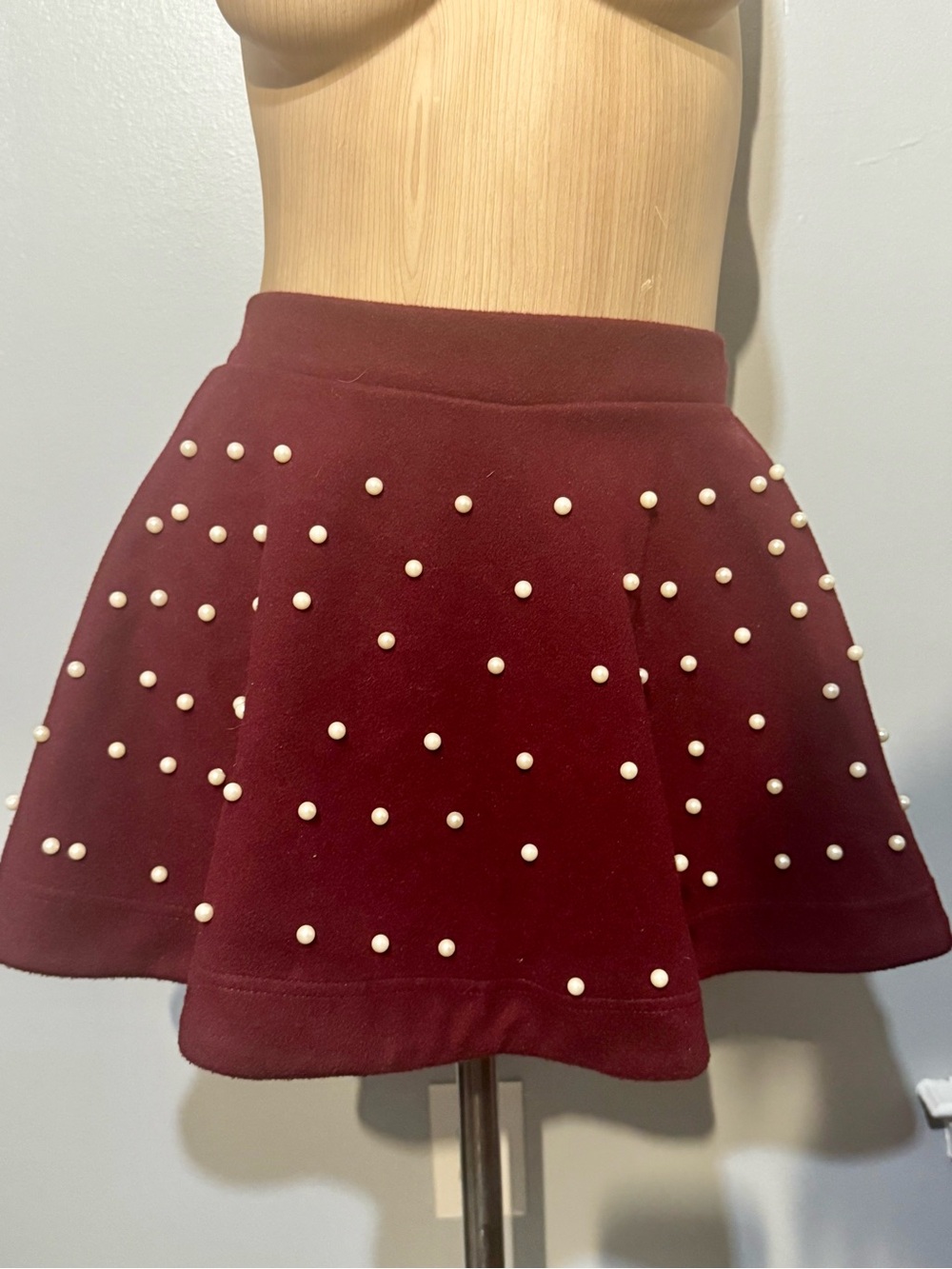 Women’s Burgundy Pearl-Embellished Skater Skirt